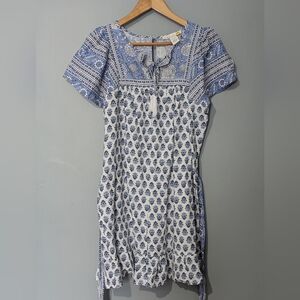 C&C California Linen Blend Blue White Floral Tassel Tie Dress Ruffle Boho